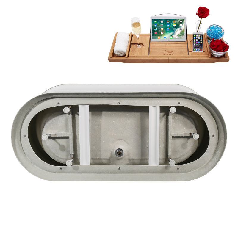 71" Streamline Soaking Freestanding Tub and Tray With Internal Drain, Matte Black