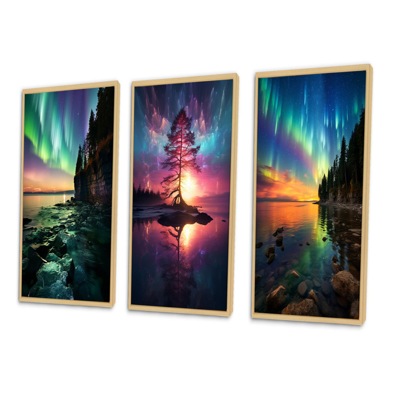 3 pièces sur toile - Aurore boréale magique, lac arctique Serenity III, Cadre naturel flottant, H 20 po x l 36 po