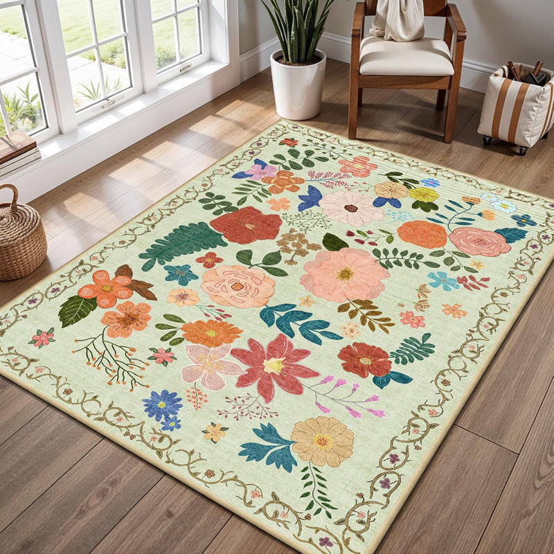 Washable Rug 3x5 Area Rugs: Soft Ultra Thin Low Pile Mat Machine Washable Indoor Doormat Lightweight Entry Rug Anti Slip Backing Rugs for Living Room Bedroom Kitchen 3'x5' Green Floral