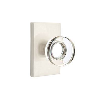 Ensemble de faux boutons Emtek avec rosette rectangulaire moderne et poignée moderne en verre à disque