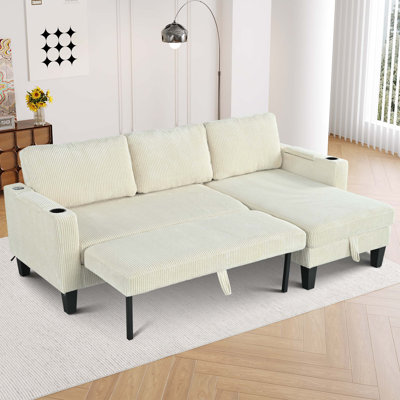 Canapé modulaire réversible avec méridienne de rangement, accoudoir avec porte-gobelet, rangement et ports USB, canapé-lit en velours côtelé moderne en tissu pour salon, chambre à coucher, appartement, bureau