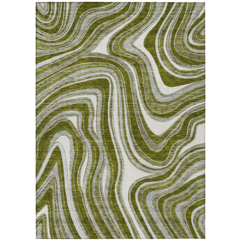 3' X 5' Olive Green Gray And Ivory Abstract Washable Indoor Outdoor Area Rug