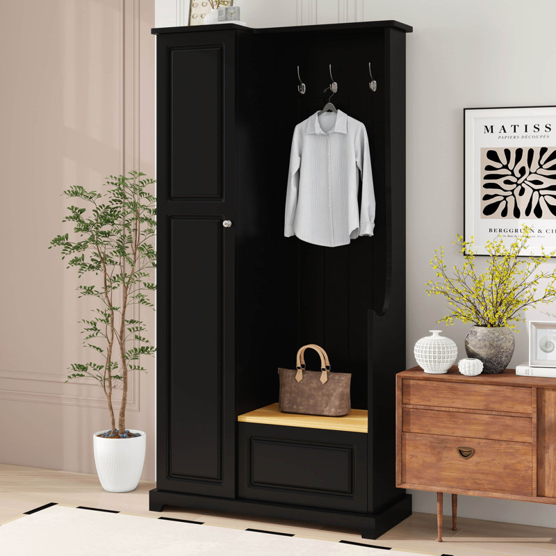Arbre d'entrée avec armoire, arbre d'entrée avec banc rabattable, armoire à chaussures pour couloir avec tablettes réglables et crochets de suspension