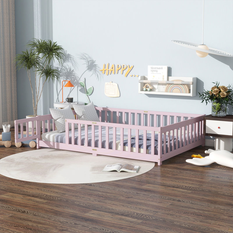 Lit double pleine grandeur avec clôture et porte, lit en bois d'hévéa, Full, Pink