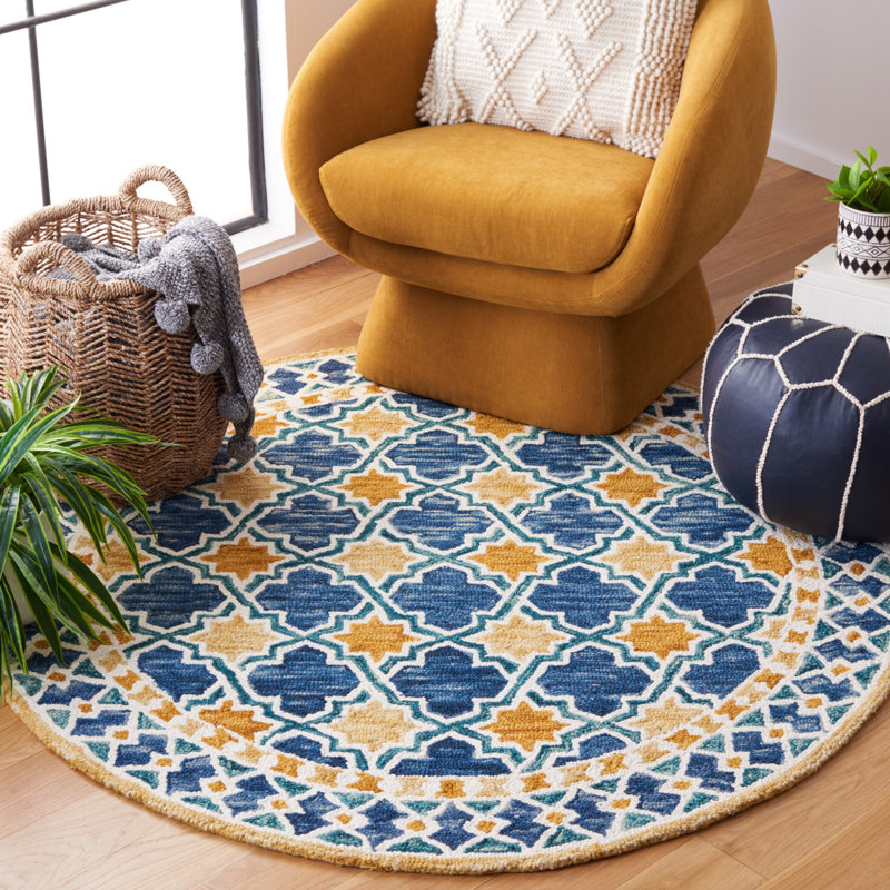 Hand Tufted Wool/Cotton Southwestern Rug in Navy/Yellow, Round 5'