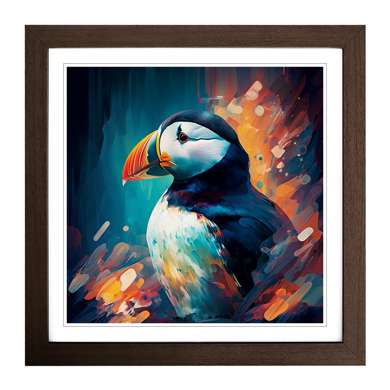 Puffin Abstract - Single Picture Frame Print on Wood, Walnut