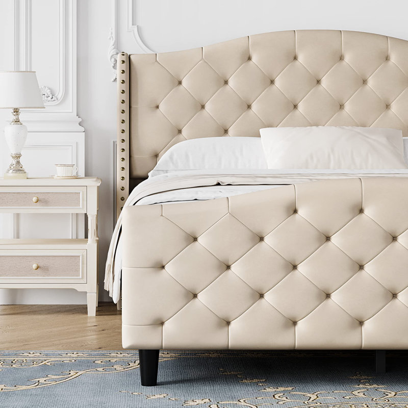 Structure de lit plateforme en velours avec base de lit et tête de lit tapissier, Beige, Grand lit