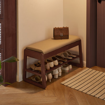 Banc de rangement avec siège rembourré et plateau relevable avec tablettes ouvertes