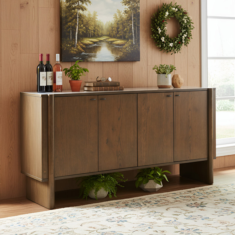 Buffet Storage Cabinet For Dining Room, Kitchen, Wood 4-Door Sideboard With 4 Compartments, Brown