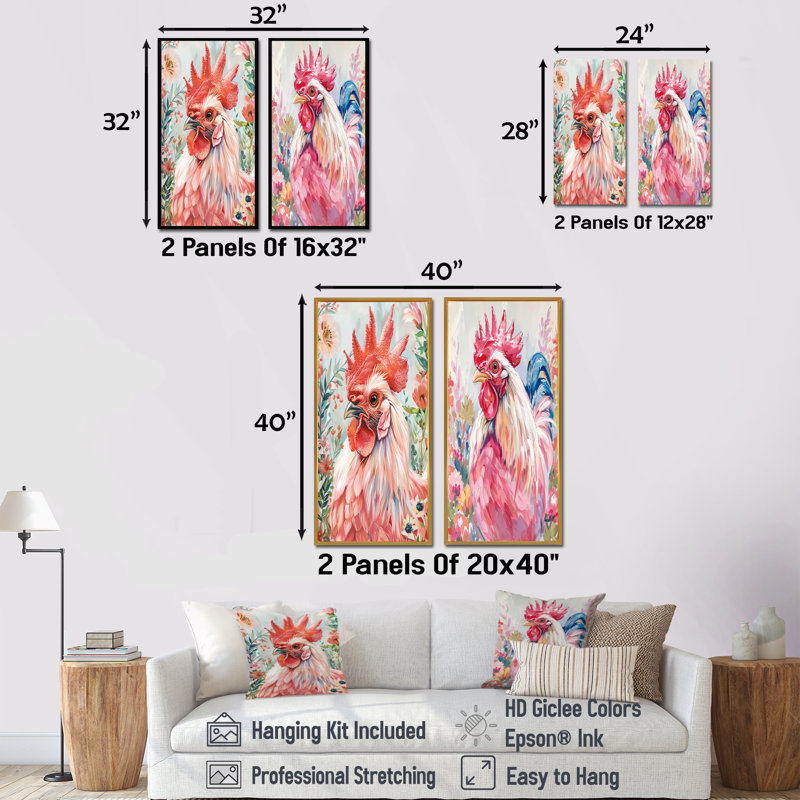 Ensemble de 2 pièces d'art mural coq rouge et vert, Ne s’applique pas, Toile tendue sur cadre, H 28 po x l 24 po
