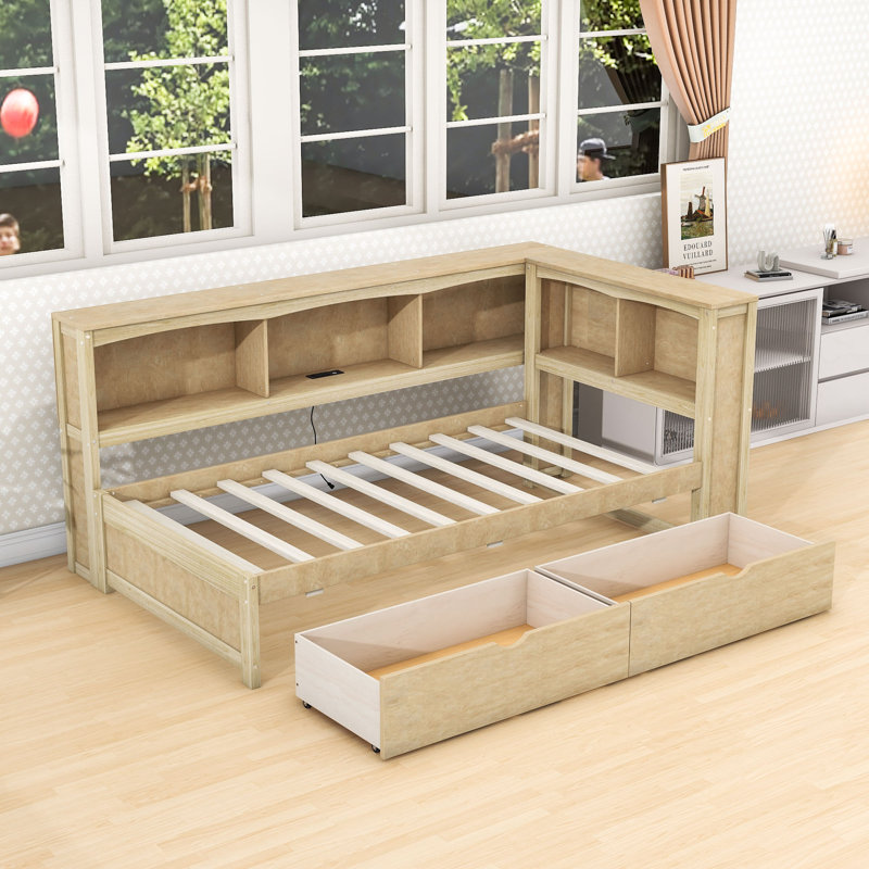 Chrystin Twin Size Daybed with Storage Drawers, Charging Station, and Shelves, Natural