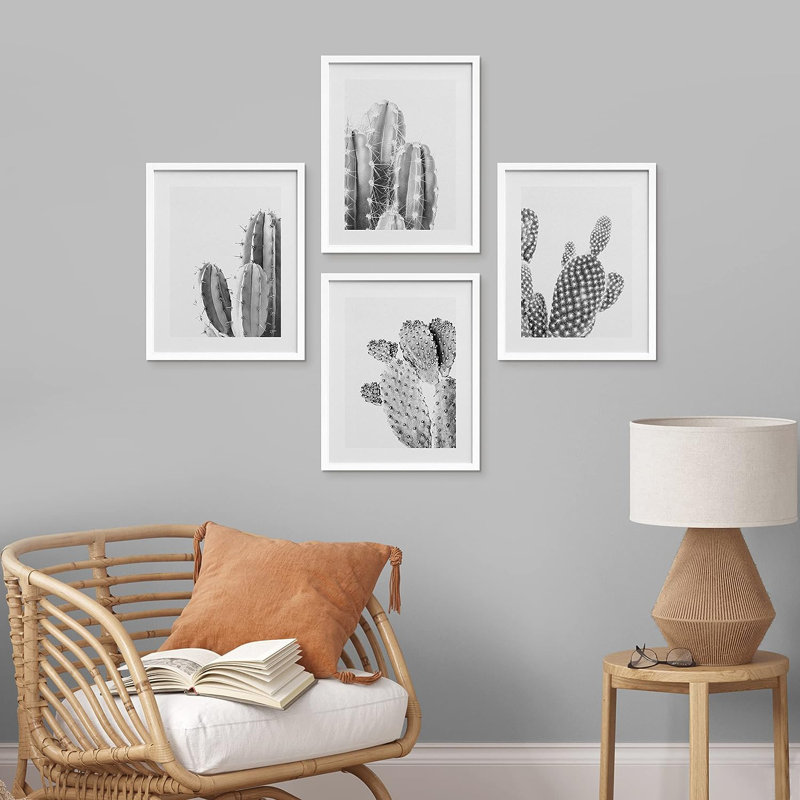 «Saguaro Southwest Desert Tropical Cactus», reproduction encadrée de 4 pièces, H 14 po x l 11 po x P 1 po, Cadre blanc