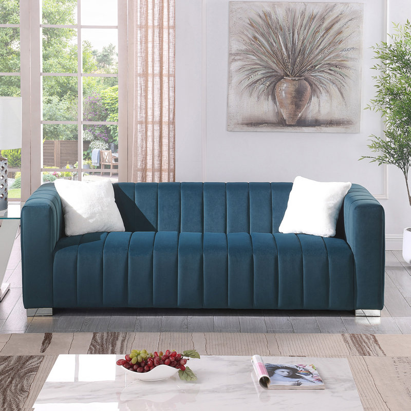 Clifford 87.01'' Luxury Velvet Sofa Upholstered Living Room Couch with 2 Pillows, Blue, Silver, Blue
