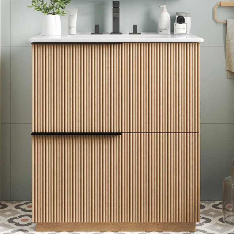 Meuble-lavabo 30 po avec lavabo en céramique et tiroirs pleine extension, Naturel