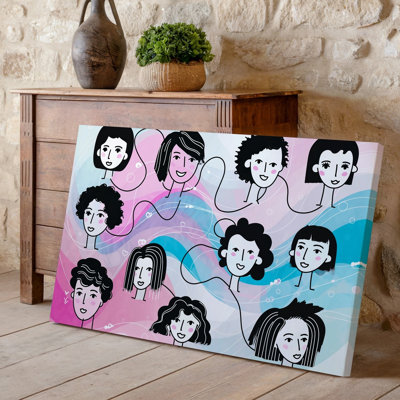 Toile une illustration vibrante et abstraite mettant en vedette un groupe diversifié de visages stylisés avec coiffures uniques et art mural sur toile