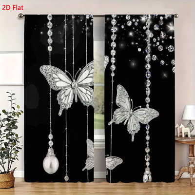 2 Panels Luxury Butterfly Pattern Window Curtains Shiny Rhinestone Embellished Decorative Drapes Elegant Aesthetic Room Divider For Living Room Bedroom Home Decor