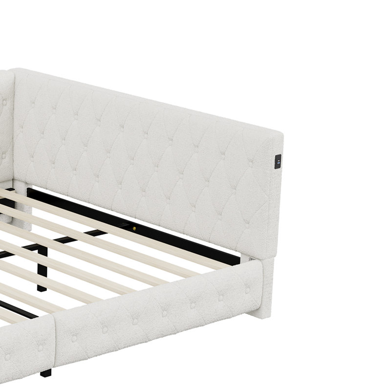 UK Double (4'6) Teddy Fleece Upholstered Daybed With LED Lights & USB-C Charging, L-Shaped Sofa Bed Frame, Pink & White, 135X190cm