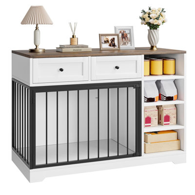 Wooden Dog Crate Furniture with Drawers and Shelves, Multi-Functional Pet Kennel & TV Stand for Indoor Use