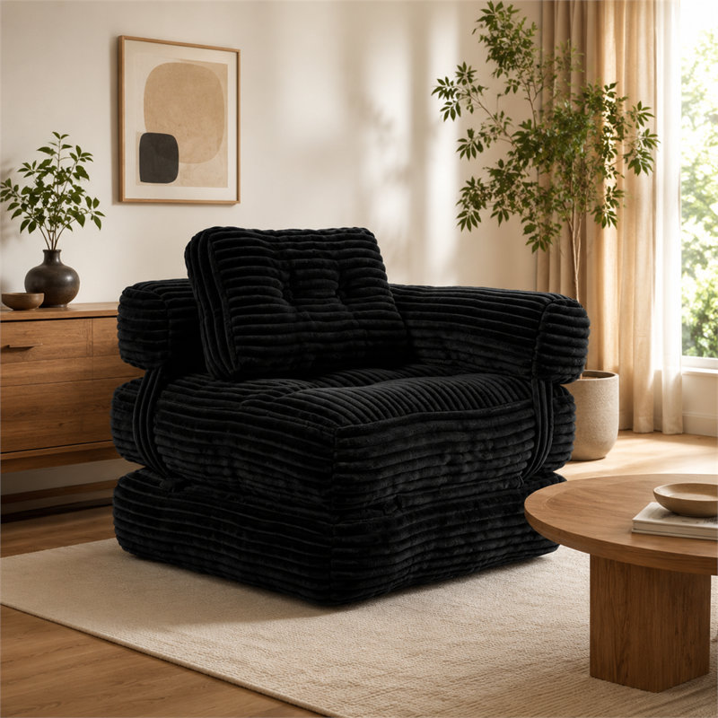 Canapé-lit de sol pliable noir sans cadre avec accoudoirs et coussins, sofa-lit pour salon