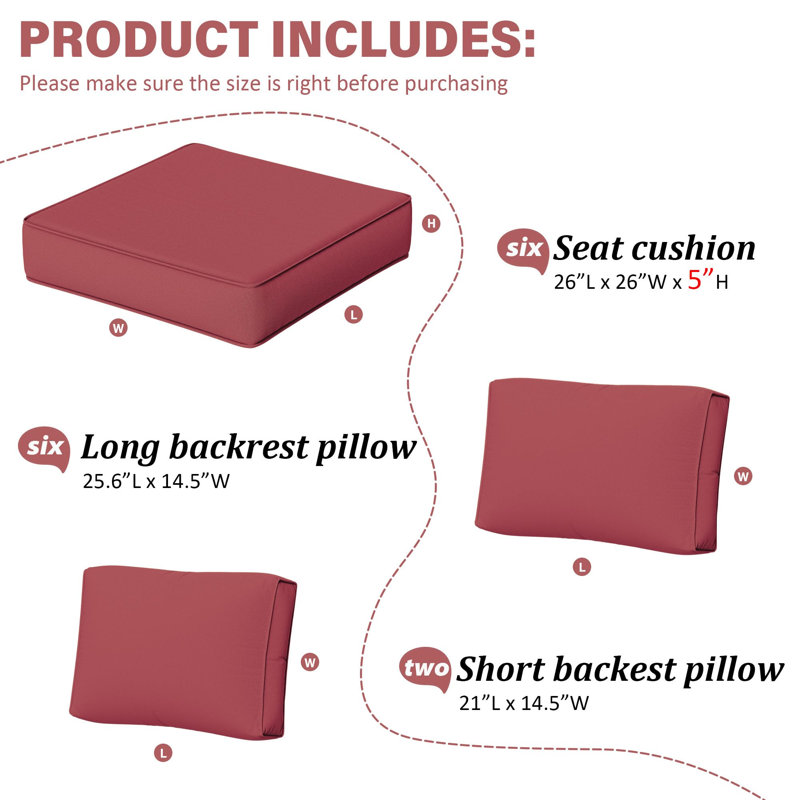 14-Piece Outdoor Replacement Cushion Set Seat/Back Cushion，26'' W X 26'' D，Only Cushions, Fuchsia Red, 26" L x 26" W x 5" H