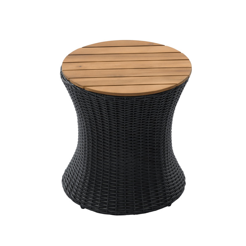 Azure Modern Coastal 17.5" Round Patio End Table with Wood Top & PE Wicker Hourglass Base, Black Wicker