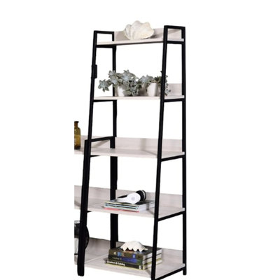 Leaning Bookshelf With Natural Wood And Black Metal Construction - 16"W X 67"H Rectangular & Theme 5 Open Compartment Storage