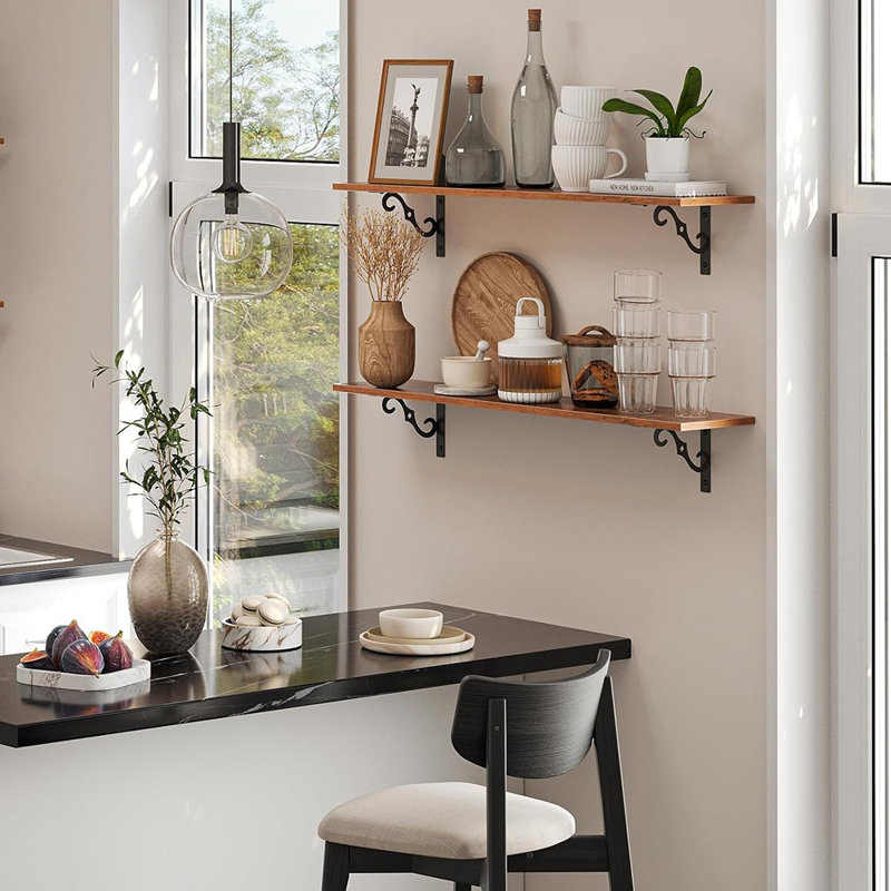 Longues tablettes flottantes brunes rustiques, ensemble de 2 tablettes murales larges avec supports faciles à suspendre pour le salon, la chambre à coucher, le bureau et la salle de bain
