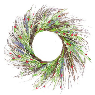 Mini couronne florale artificielle verte et mauve - 25 pouces non éclairée
