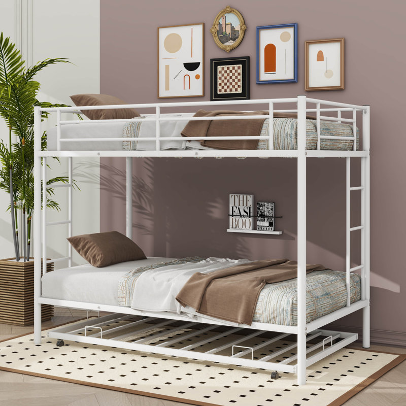 Twin Over Twin Metal Bunk Bed With Trundle, Metal Bed Frame With 2 Ladder And Guardrails, White