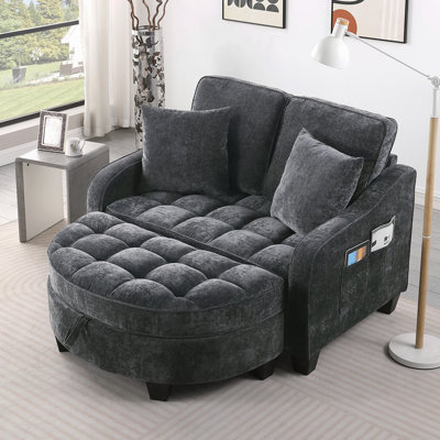 Canapé à deux places, canapé-lit double, avec accoudoirs et dossiers irréguliers, repose-pieds avec espace de rangement, deux petits coussins décoratifs, convient au salon et à la chambre à coucher