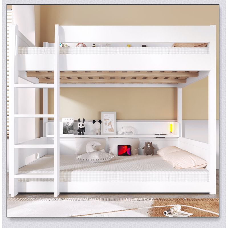 Queen Over Queen Bunk Bed With Storage Shelves And USB Ports, White