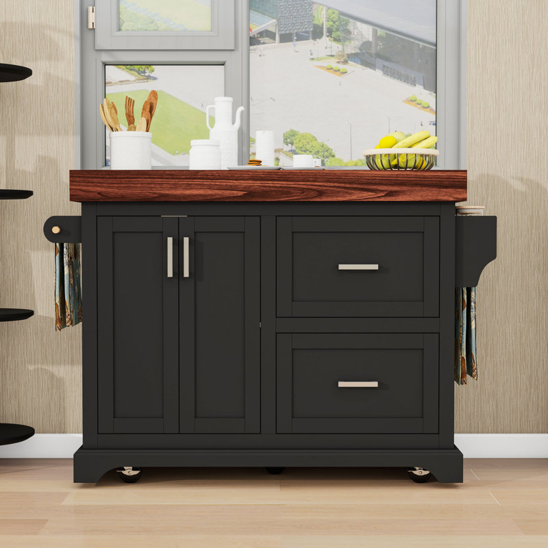 Rolling Kitchen Cart with Wood Countertop, 2 Deep Drawers, Adjustable Shelf and Spice & Towel Rack, Black