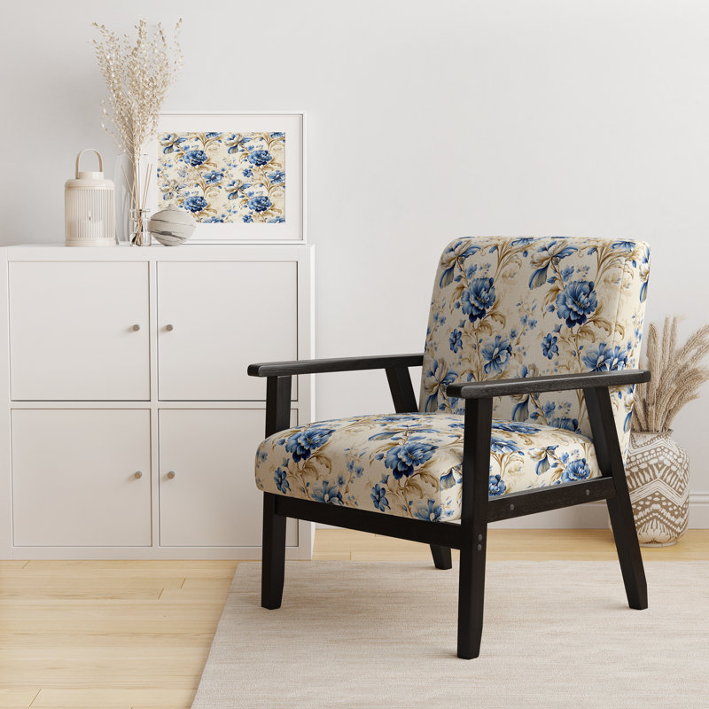 Chaise d'appoint florale Cobalt, Motif victorien à coins ornés bleu de cobalt I