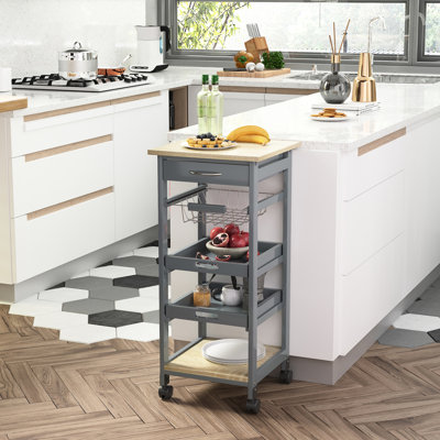 Chariot de service mobile à roulettes pour îlot de cuisine avec tiroir inférieur et panier de rangement coulissant en métal