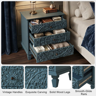 Table de chevet en bois sculpté à 3 tiroirs, commode décorative à volutes rétro, table de chevet pour chambre à coucher ou salon