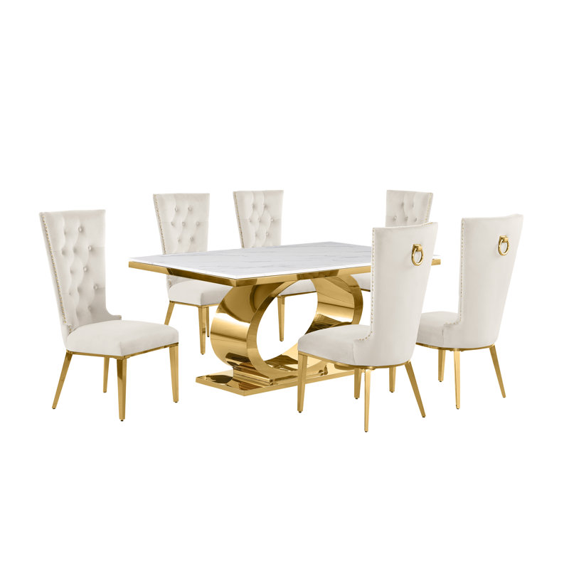 7 pièces Ensemble repas, 7, Crème / doré, Or