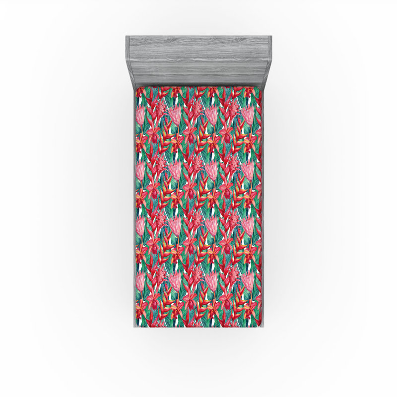 Ambesonne Nature Fitted Sheet Leaves Botanical Style Art, Twin XL Fitted Sheet, Dark Coral/Green Floral