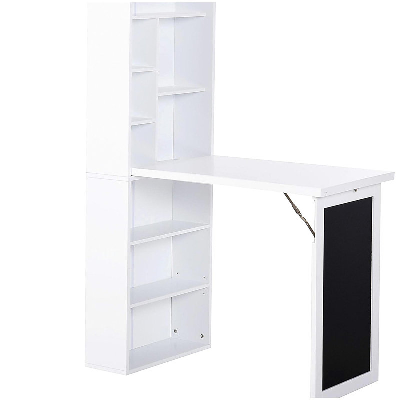 Un poste de travail familial multifonctionnel avec une armoire de bureau murale qui se plie et se transforme, avec un tableau noir et des tablettes latérales