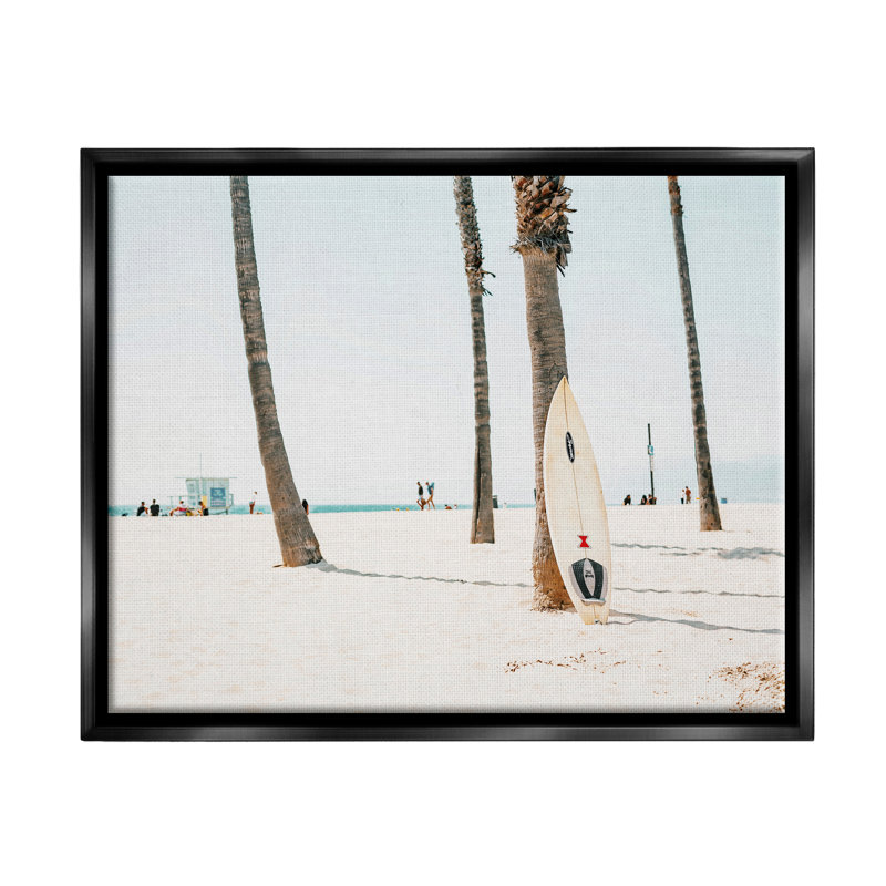 Planche de surf inclinée, palmiers tropicaux, art mural sur toile flottante par Krista Broadway, Cadre flottant noir de jais