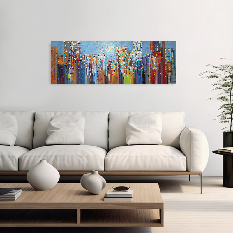 «Vibrant City Lights», art moderne abstrait, art mural de ville contemporaine, H 16 po x l 48 po
