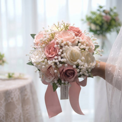 Bouquet de mariée artificiel Rose & Baby's Breath - Fleurs en soie réalistes avec ruban de satin, options multicolores pour les mariages et la décoration intérieure