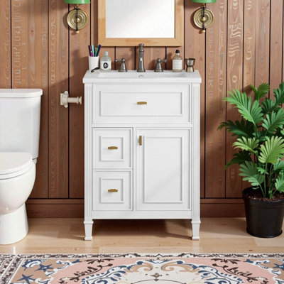 24" Single Sink Bathroom Vanity Cabinet With Ceramic Sink Flip Drawer & Adjustable Shelf No Faucet Included
