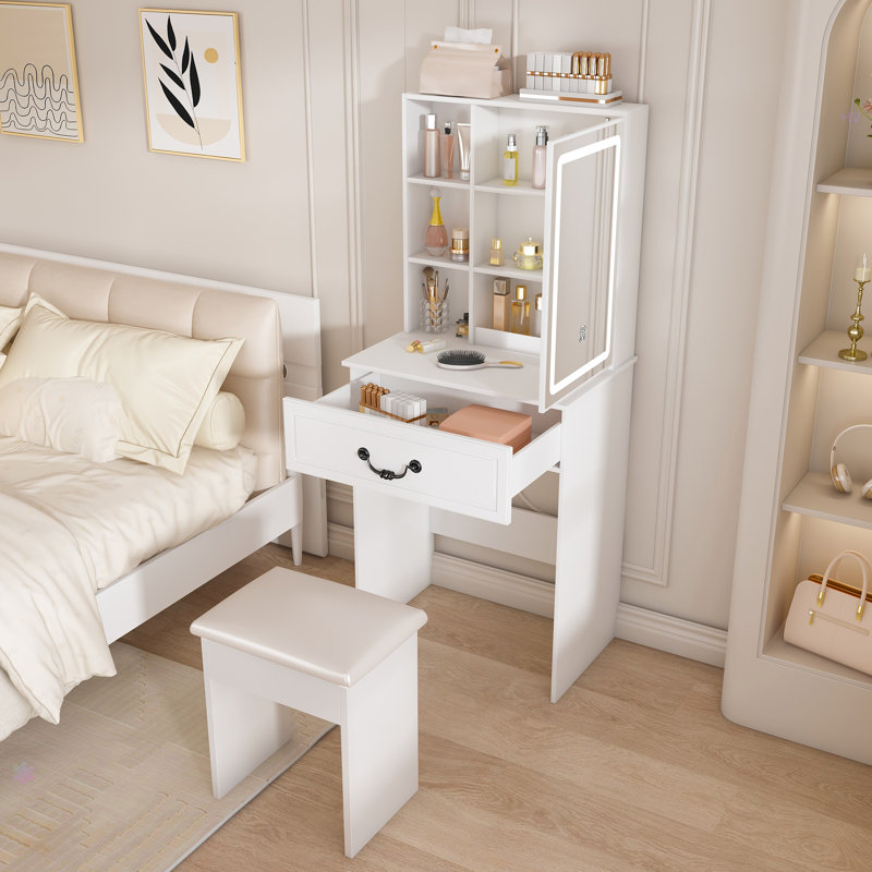Mini coiffeuse moderne avec miroir éclairé à DEL et rangement dissimulé, tabouret rembourré, bureau de coiffeuse à luminosité réglable, tablettes à l'épreuve de la poussière à plusieurs niveaux