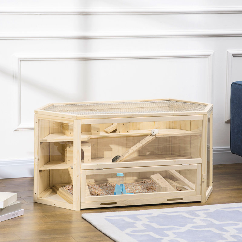 Cage en bois pour hamster - 3 niveaux avec balançoires à bascule, bouteille d'eau et centre d'activités intriguant