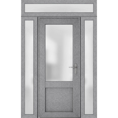 Front Exterior Prehung FiberGlass Door Frosted Glass / Manux 8422 Grey Ash / 2 Side and Top Exterior Window / Office Commercial and Residential Doors Entrance Patio Garage-W14+36+14" x H80+14"-Left-hand Inswing