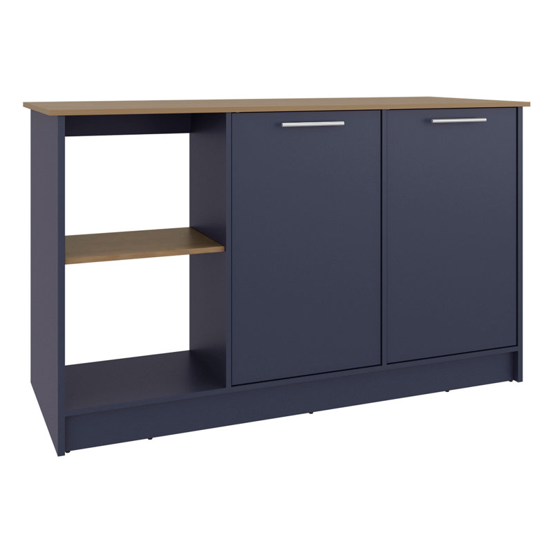 Îlot de cuisine avec grande surface supérieure, armoire à deux portes et tablettes ouvertes, Bleu