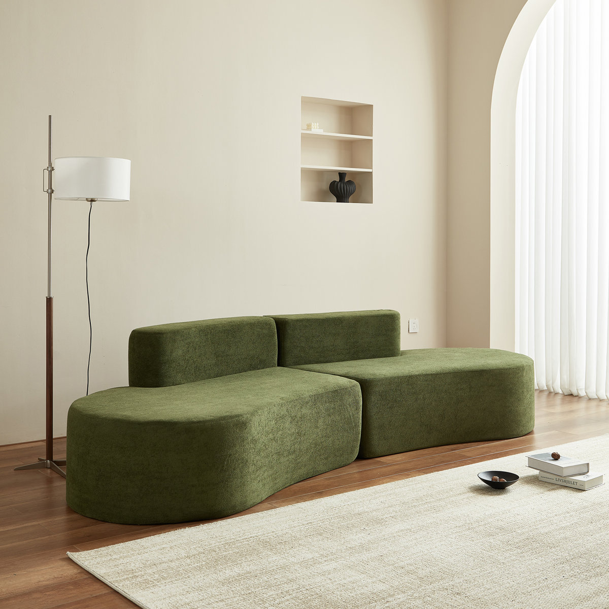 Wade Logan 108" Curved Modular Sofa, No Assembly Compressed Sofa in 2 Boxes (Green)