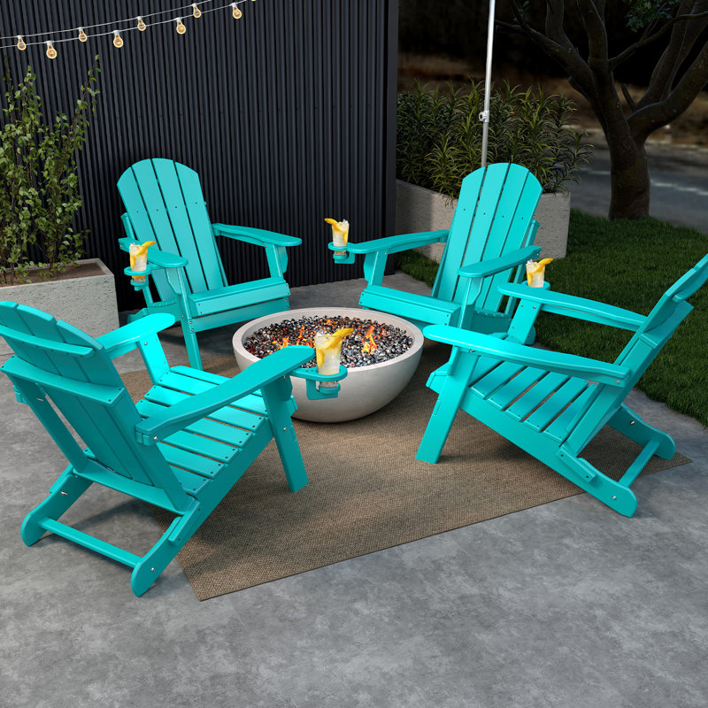 Hdpe Plastic Folding Outdoor Adirondack Chair With Cup Holder, Aqua