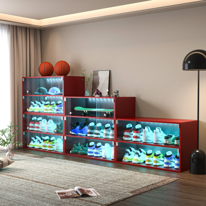 Led Lighted Shoe Box Cabinet In Red - Stores Up To 9 Pairs, , Expert Woodwork, Glass 3-Layer Wooden With Insulation Doors
