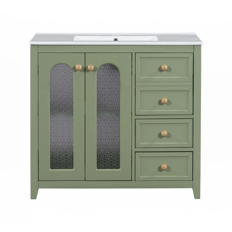 Meuble-lavabo de 36 pouces avec deux portes à fermeture douce, des tablettes réglables et trois tiroirs, Vert